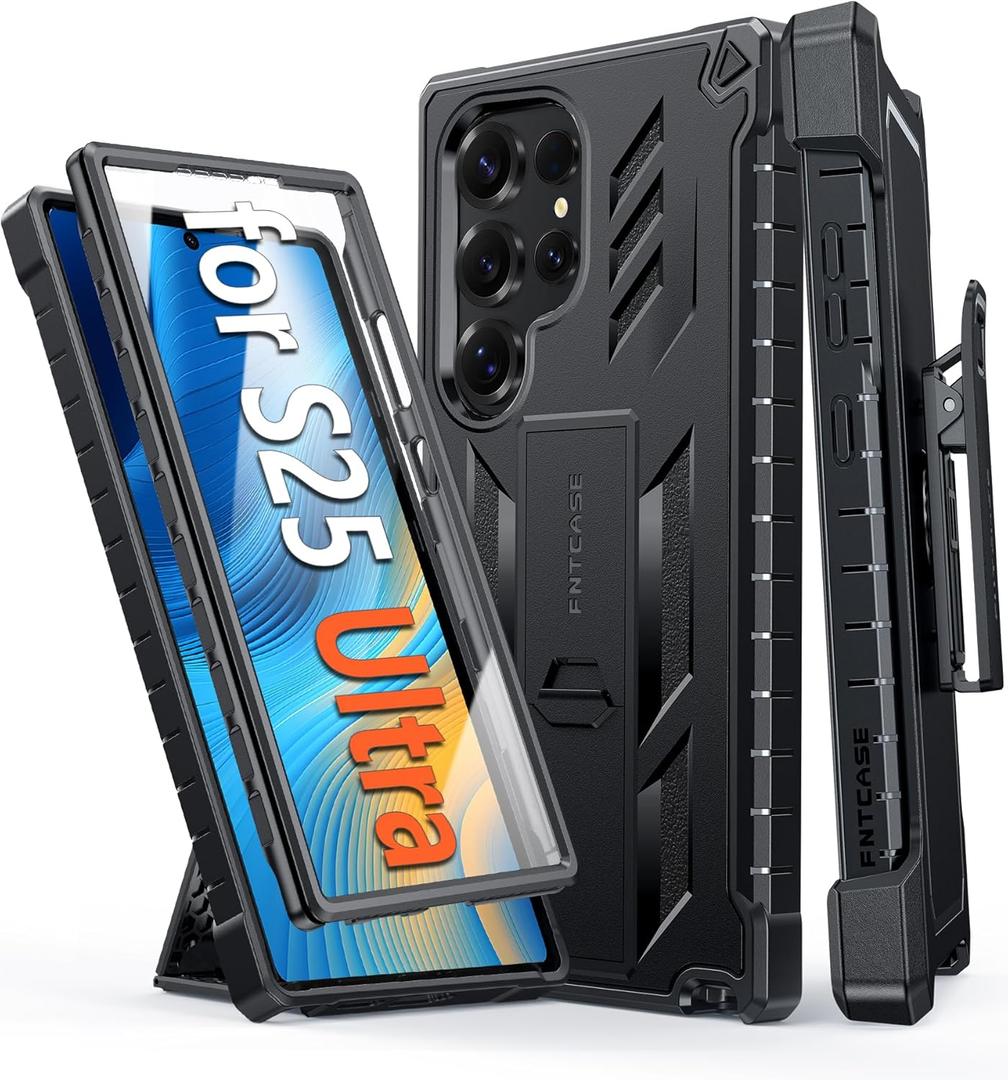 FNTCASE for Samsung Galaxy S25-Ultra Case: Military Grade Rugged Cell Phone Cover with Kickstand & Holster | Shockproof TPU Protection Bumper Matte Textured Design for S25 Ultra Cases 6.9 inch (Black)