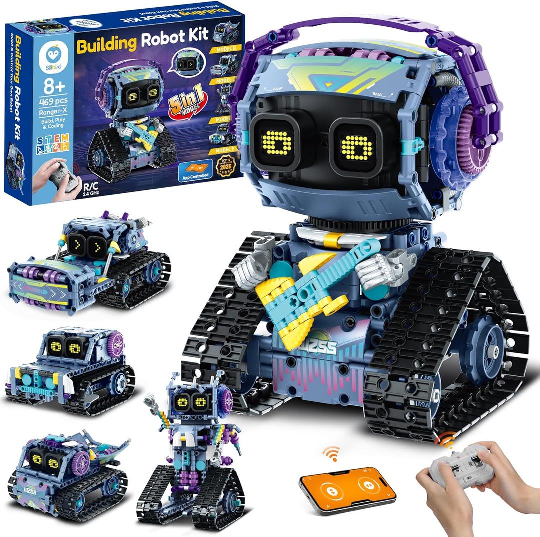 Sillbird Robot Building Kit with Remote Control STEM Gifts for Kids Boys Ages 8-12, Coding Robotic Technic Creative Toys for Birthday - Build 5in1 Model with 469 Pieces