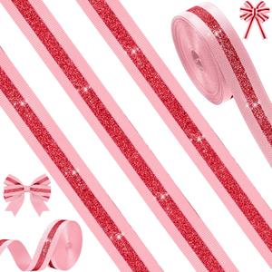 Tegeme 10 Yards 7/8 Inch Cheer Ribbon Pink and Red Glitter Football Ribbon Team Spirit Roll Polyester Craft for Cheerleading Sport Event DIY Mom Gift Wrapping Hair Bows Wedding Birthday Party Supplies