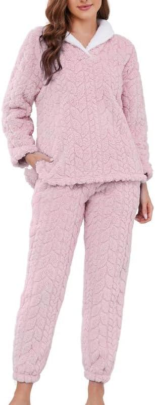 LYCY Fluffy Pajamas set for Women Fleece Pullover 2 Piece Pjs Set Soft Plush Sleepwear Winter Loungewear, Large, Light Pink