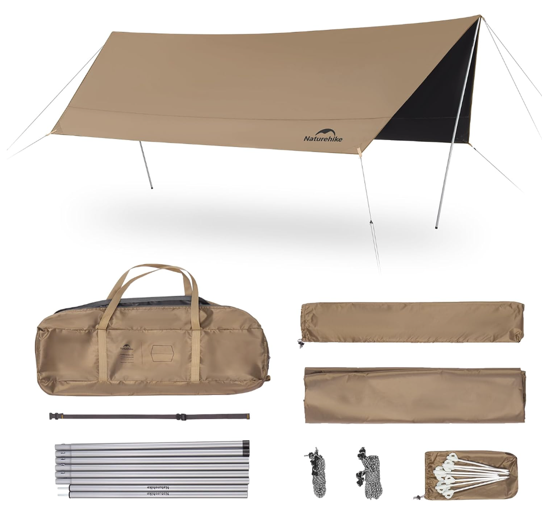 Naturehike Cloud Skies Camping Tent Tarp with Poles, Waterproof PU 18000mm+ Rain Shelter, Anti-UV UPF2000+ Camping Sun Shelter Canopy, 16.4 x 12.5ft