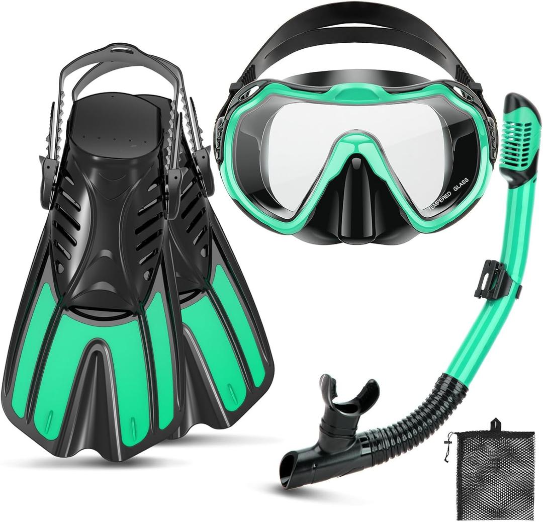 Snorkeling Gear for Kids Adults, 4 in 1 Travel Mask Fins Snorkel Set with Panoramic View Anti Fog Mask, Dry Top Snorkel, Trek Fins and Travel Bag, Snorkel Gear for Swimming Diving Snorkeling (Turquoise)