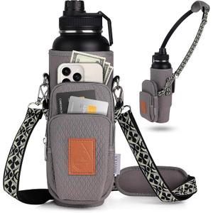 Water Bottle Bag with RFID Protection for Women - Crossbody Water Bottle Holder for Sports Moms with Adjustable Strap Fits 40 oz - Hands Free Carrier Purse for Hiking and Walking Grey