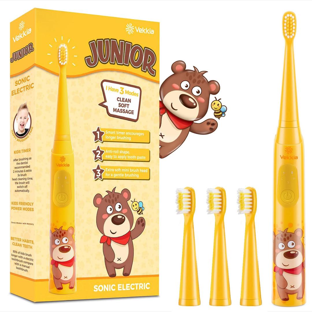 Vekkia Sonic Rechargeable Kids Electric Toothbrush, 3 Modes with Memory, Fun & Easy Cleaning, 24000 Strokes, IPX7 Waterproof, 2-Min Timer for Age 5+, (Yellow)