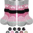 PUPTECK Anti Slip Dog Socks 2 Pairs with Double Grippers for Hardwood Floors, Shoes for Hot/Cold Pavement, Boots & Paws Protectors to Prevent Licking, Traction Booties for Senior Small Large Dogs (Pink(Wave))