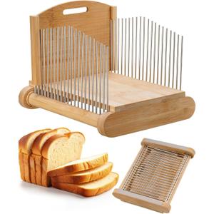 NiHome Bamboo Bread Slicer for Homemade Bread with Stainless Steel Guides, Adjustable Thickness for Toast & Sandwiches, Foldable Compact Sourdough Wood Cutting Board
