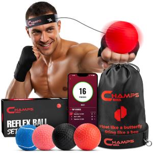 Champs MMA Boxing Reflex Ball Set with Punch Counter App | 4 Balls with Varying Weights, Headband & 4 Spare Strings to Improve Speed, Hand Eye Coordination Training | Boxing Equipment, MMA Gear Gift