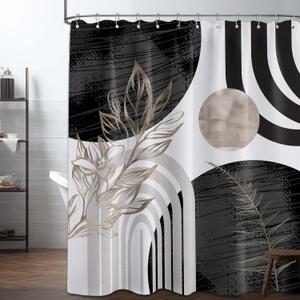 Mid Century Modern Black and White Shower Curtain Cool Charcoal Grey Silver Shower Curtains for Mens Bathroom Decor Sets, Abstract Boho Pattern, Waterproof Cloth Fabric with Hooks 70x72 in