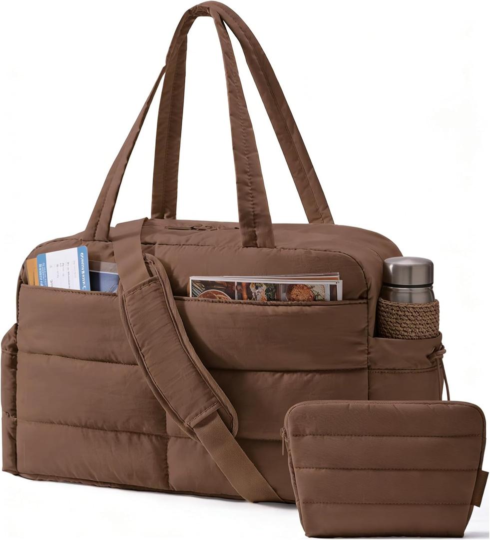 BAGSMART Gym Bag for Women, Lightweight Puffer Duffle Bag 2-PC Travel Bag, 31L Weekender Overnight Bag Quilted Carry On Tote Bag, Diaper Hospital Dance bag for Travel, Gym, Water Resistant (Coffee Brown)