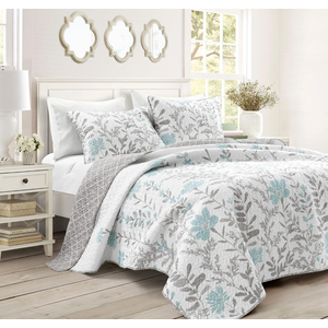 Lush Decor Aprile Reversible Floral Quilt King Size 3 Piece Set King, Blue & Gray - Bedding Set - Floral Quilt - Cottage Bedroom Décor
