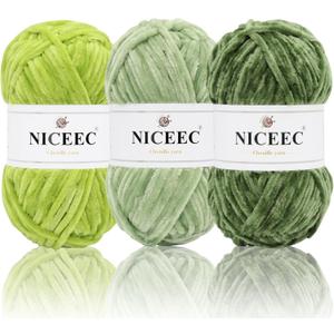 NICEEC 3 Skeins Soft Chenille Yarn Blanket Yarn for Knitting Fancy Yarn for Crochet Weaving DIY Craft Total Length 3×85m (3×93yds, 3×50g)_Green Series