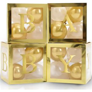 Vellax Baby Boxes with Letters for Baby Shower - Baby Shower Decorations of 44 pcs, 32 Gold White Balloons, 4 Gold Blocks, 8 Letters, Perfect Party Decor (Gold Boxes With Gold & White Balloons)