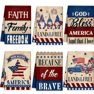 Mixweer 6 Pcs 4th of July Kitchen Towels Vintage Patriotic Hand Towel Independence Day Dish Towel Red White Blue Gnome Star Tea Towel Memorial Day Absorbent Dishcloth for Home Bathroom Kitchen Decor