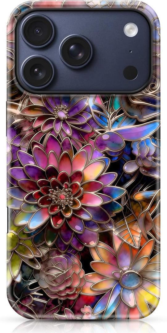 for iPhone 17 Pro Case, Stained Glass Floral Flower Vintage Design Cover, Elegant Glossy Aesthetic Hybrid 2-Layer Hard Shell Shockproof Phone Case for Girls Women 6.3'', Colorful Flowers