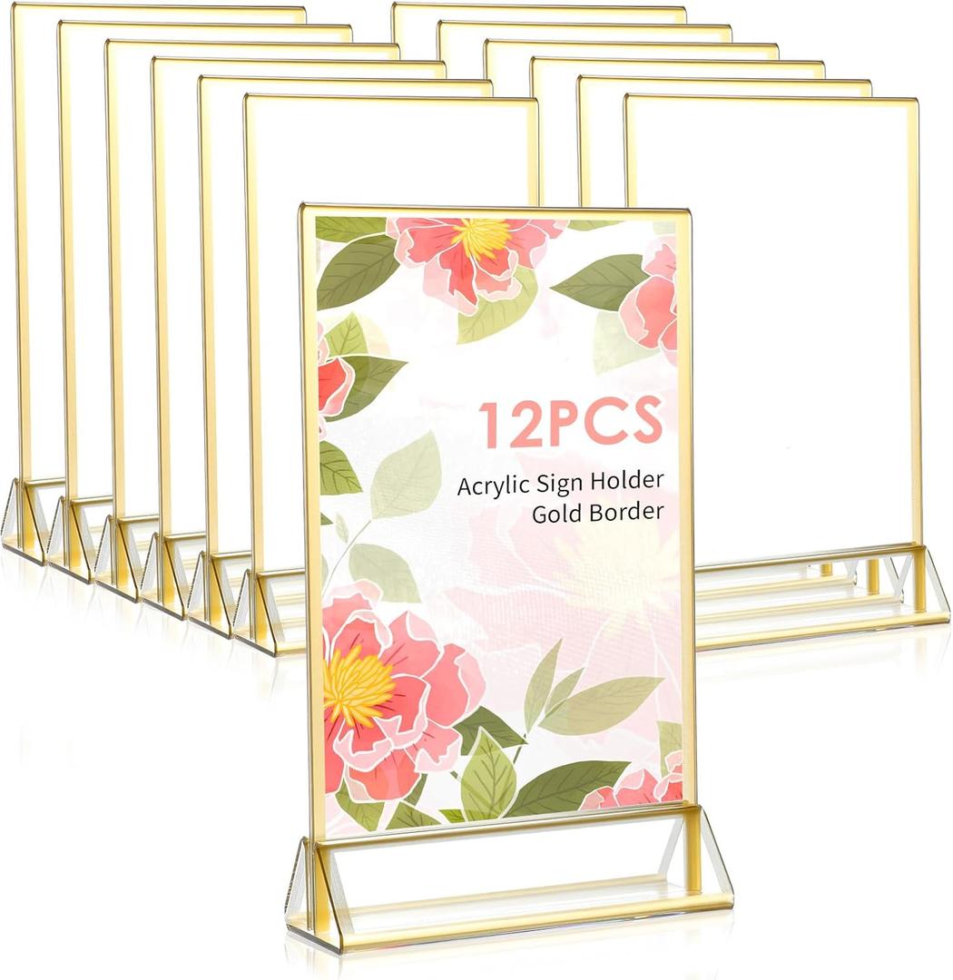 12 PCS Acrylic Sign Holders, 4x6 Inch Wedding Table Number Holder Table Top Double Sided Gold Photo Frames Clear Picture Frame for Restaurants, Banquets, Menus, Flyers and Numbers