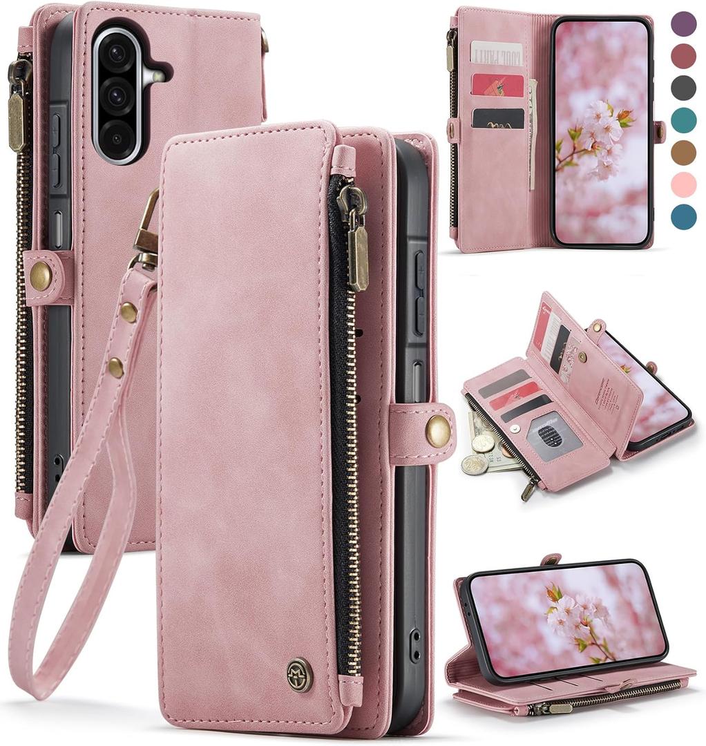 Defencase for Galaxy A36 5G Case Wallet with RFID Blocking Card Holder for Women Men, Fashion PU Leather Magnetic Snap Flip Zipper Wrist Strap Wallet Phone Case for Samsung Galaxy A36 5G, Rose Pink