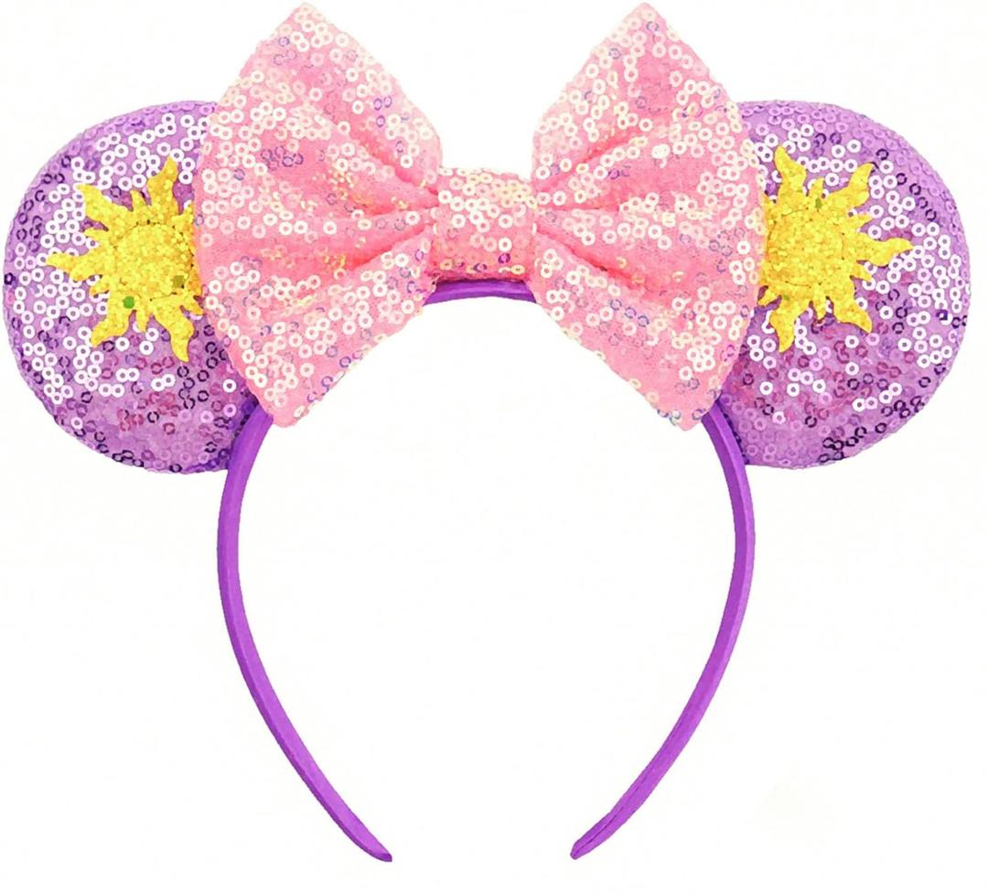 RAZKO Mouse Ears Headband, Sequin Rapunzel Mice Ears Hairband Mouse Hair Acessoreis for Women Girls (Sun Flower)