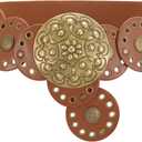 XZQTIVE Women's Boho Disc Belt Western Leather Belt Vintage Concho Belt Wide Cowgirl Belt for Dress Jeans with Metal Buckle, Brown(Bronze Disc), L: 41.3in/ 105cm