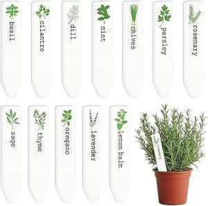 JarThenaAMCS 12Pcs Ceramic Herb Plant Label Signs 12 Styles Garden Herb Markers Waterproof Plant Name Stake Tags for Nursery Indoor Outdoor Garden Decor