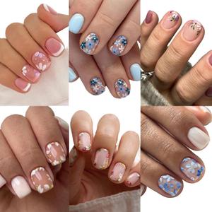 6 Packs (144 Pcs) Flower Press on Nails Short Square Fake Nails with Floral Design Spring Summer False Nails Press ons Glossy Full Cover Acrylic Stick on Nails for Women Girls Manicure