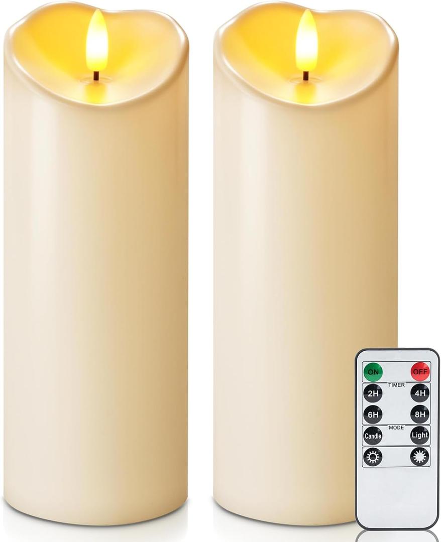 Homemory 3"x8" Outdoor Waterproof Flameless Candles, LED Candles, Battery Operated Candles with Remote and Timers, Electric Fake Plastic Pillar Candles, Dark Ivory, Set of 2