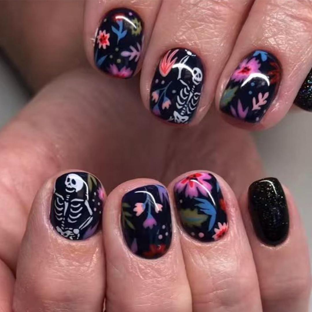 24Pcs Halloween Press on Nails Extra Short Square ZIFANHU Black Fake Nails Press ons Skull Colorful Flower Nail Tips Glue on Nails Full Cover Acrylic Nail Kit False Nails Stick on Nails for Women