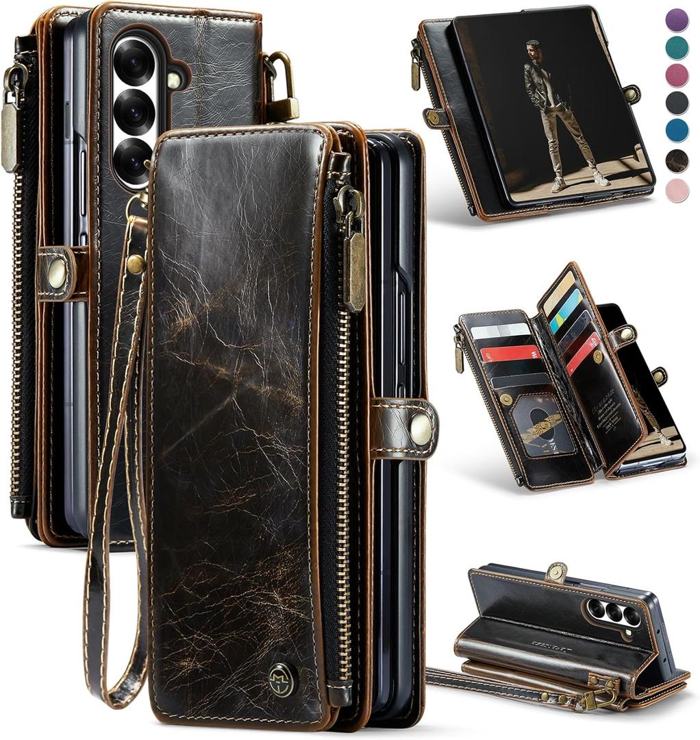 Defencase for Samsung Galaxy Z Fold 7/ Fold7 Wallet Case with RFID Blocking 10-Card Holder, Fashion Soft PU Leather Magnetic Snap Flip Zipper Wrist Strap Phone Case for Galaxy Z Fold 7 5G, Coffee