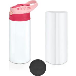 Kids Sublimation Tumbler,12oz Sublimation Water Bottle Blanks,Straight Stainless Steel Todder Sippy Cup,Double Wall Insulated Sippy Tumbler with Handle,Shrink Films,Leak Proof (Pink)