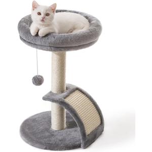 Small Cat Tree Tower with Scratching Post, Modern Kitten Tower for Indoor Cats, Short Carpet Sisal Cat Scratcher Stand with Large Bed Perch, Scratch Ramp, Toy Ball for Kitty Play (Grey)