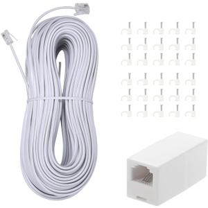 Long Telephone Extension Cord Phone Cable Line Wire, with Standard RJ11 Plug and 1 in-Line Couplers and 30 Cable Clip Holders-White (100feet)