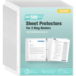 SUIN Sheet Protectors 500 Pack, Clear Plastic Page Protectors 8.5 x 11 Inch, Reinforced 3 Hole Plastic Binder Sleeves, Acid-Free Archival Document Holders for Office & School