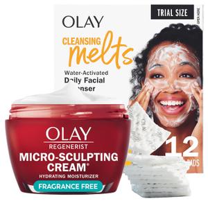 Olay Face Moisturizer, Regenerist Micro-Sculpting Cream for Women, Fragrance-Free - Hydrating, Anti-Aging Skin Care (1.7 oz) & Trial Size Vitamin C Cleansing Melts, Water-Activated Face Wash (12 ct)