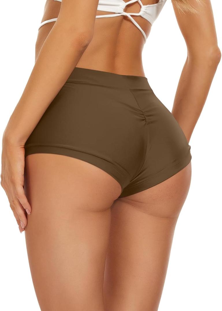 Annbon Ruched Scrunch Butt Bikini Bottoms Mid Rise boy Short Swim Bottoms Bathing Suit Bottoms for Women Full Coverage Large