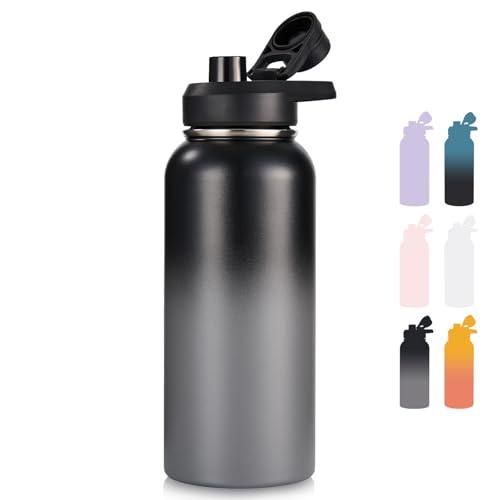 Fijinhom 32 oz Insulated Water Bottle with Handle, 304 Stainless Steel Water Bottles with Wide Mouth, Double Wall Vacuum Sports Water Bottle, BPA Free, Keep Cold and Hot, Black/Gray