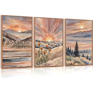 CHDITB Boho Sun Canvas Wall Art Set, Sunrise and Sunset Mountain Wall Decor, Watercolor Mountains Landscape Art Prints, Vintage Floral Nature Paintings for Living Room, Bedroom, Office - 16"x24"x3