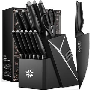 Kitchen Knife Sets with Block -15 PCS Knife Set with Bulti-in Sharpener, Dishwasher Safe, Stainless Steel Kitchen Knife with Ergonomic Handles, Sharp knives for Men and Women,Black