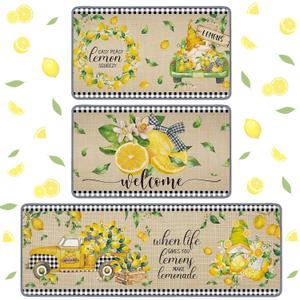 Timgle 3 Pcs Lemon Kitchen Rugs Gnomes Rug Retro Style Non Slip Kitchen Print Standing Mat Washable Floor Comfortable Mat for Home Office Sink 17 x 29 Inch 17 x 47 Inch