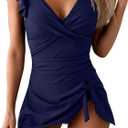 One Piece Swimdress Tummy Control Ruffle Swimsuit for Women Tie Knot Swim Dresses V Neck Bathing Suit Skirt, Large