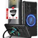 for Samsung Galaxy S25 Ultra Case Compatible Wireless Charging Magnetic,with Screen Protector,for S25Ultra Phone Case with 360Stand Ring Military Grade Shockproof Heavy Duty Protection Black