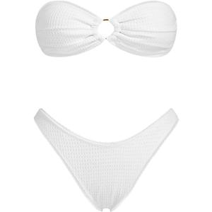 VOLAFA Triangle Bikini Set for Women O Ring Strapless Tie Back Swimsuit Bandeau Textured Two Piece Bathing Suit (8, White Lace)