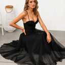 Womens Sweetheart Neck Belted A-line Mesh Midi Dress Spaghetti Strap Backless Tulle Prom Party Dress (Black, XL)