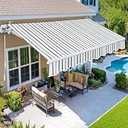 Paramondo 13.1'x9.8' Patio Awning Retractable Fully Assembled, Manual Sunshade Shelter Outdoor Deck Canopy Balcony Awning Cover - Premium Quality 280G Ployester Aluminum Frame, Grey with White Strips