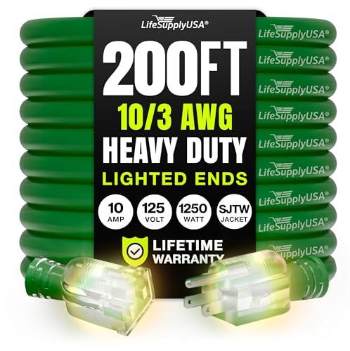 200ft Outdoor/Indoor Extension Cord 10/3 Gauge Ultra Heavy Duty 3 Prong SJTW, Waterproof, Flexible Cold-Resistant Long Power Cord,10A 125V 1250W, Green by LifeSupplyUSA