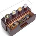 Challenge Coin Display Case, Military Coin Collection Holder with Wooden Coin Box, Drawers, and Clear Acrylic Lid Gifts for Coins Collectors (4 Pillars)