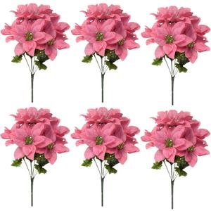 ACJRYO 6 Pack Artificial Poinsettia Bushes, 13.8 Inch Faux 7 Stems Christmas Red Poinsettia Bouquet Bushes Floral Picks Poinsettia Flowers Artificial for Holiday Wedding Home Decoration (Pink)