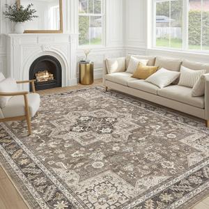 Vintage Living Room Area Rug 10x14 - Large Soft Washable Oriental Traditional Distressed Farmhouse Rugs for Bedroom - Indoor Floor Accent Carpet for Home Office House Decor - Brown