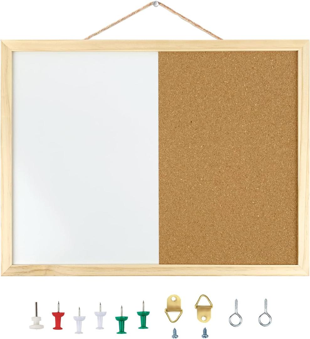 GDMINLO 16.5 x12.6 Inches Dry Erase Cork Bulletin Combination Board, Notice Memo Wall Mounted Vision for Home, School and Office(Pins, Eye Bolts, gaskets, Screws)