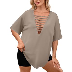 Remidoo Womens Oversized Tshirt Sexy Cut Out Top Ripped Shirt Short Sleeve V Neck Tee Beige Small (Beige, S)
