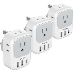 US to UK Plug Adapter 3 Pack, TESSAN Type G Adapter for Travel with 4 Outlets 3 USB Charger(1 USB C), Ireland Power Adaptor for USA to England London Scotland Dubai Singapore Hong Kong Qatar (Grey-Type G)