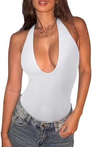 REORIA Bodysuits for Women Halter Tops 2025 Summer V Neck Backless Body Suits Tank Top Trendy Fashion Clothing XL
